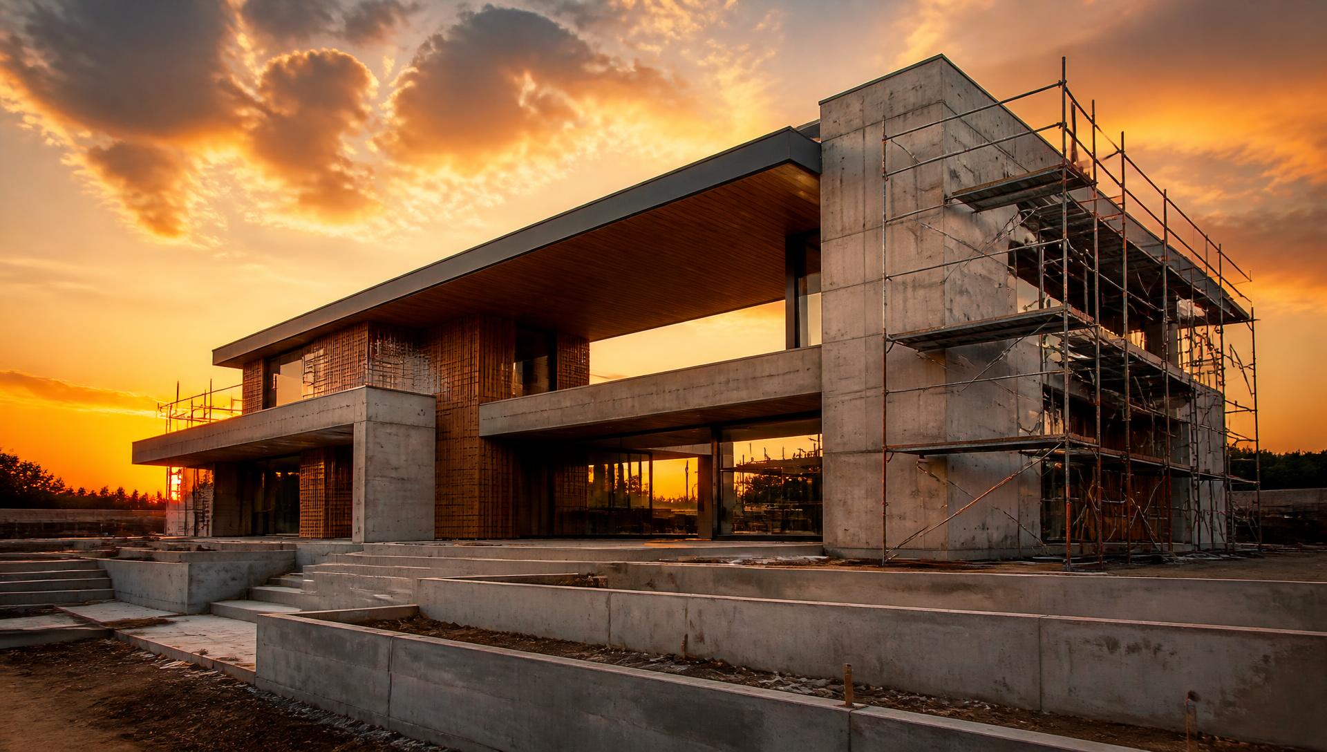 Modern luxury home under construction at golden hour by Buildora Construction Inc